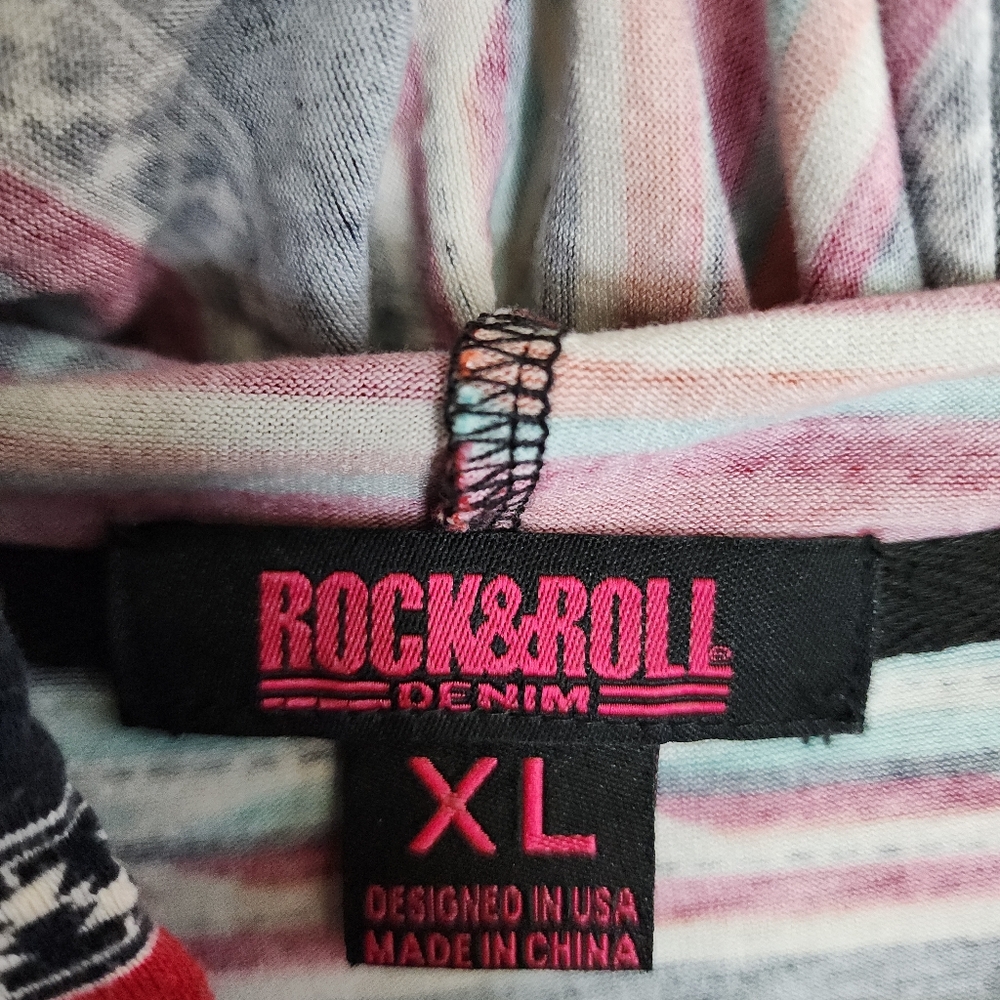 Rock & Roll Denim Aztec Red Blue Striped Loghtweight Hooded Pullover Size XL - Picture 2 of 10